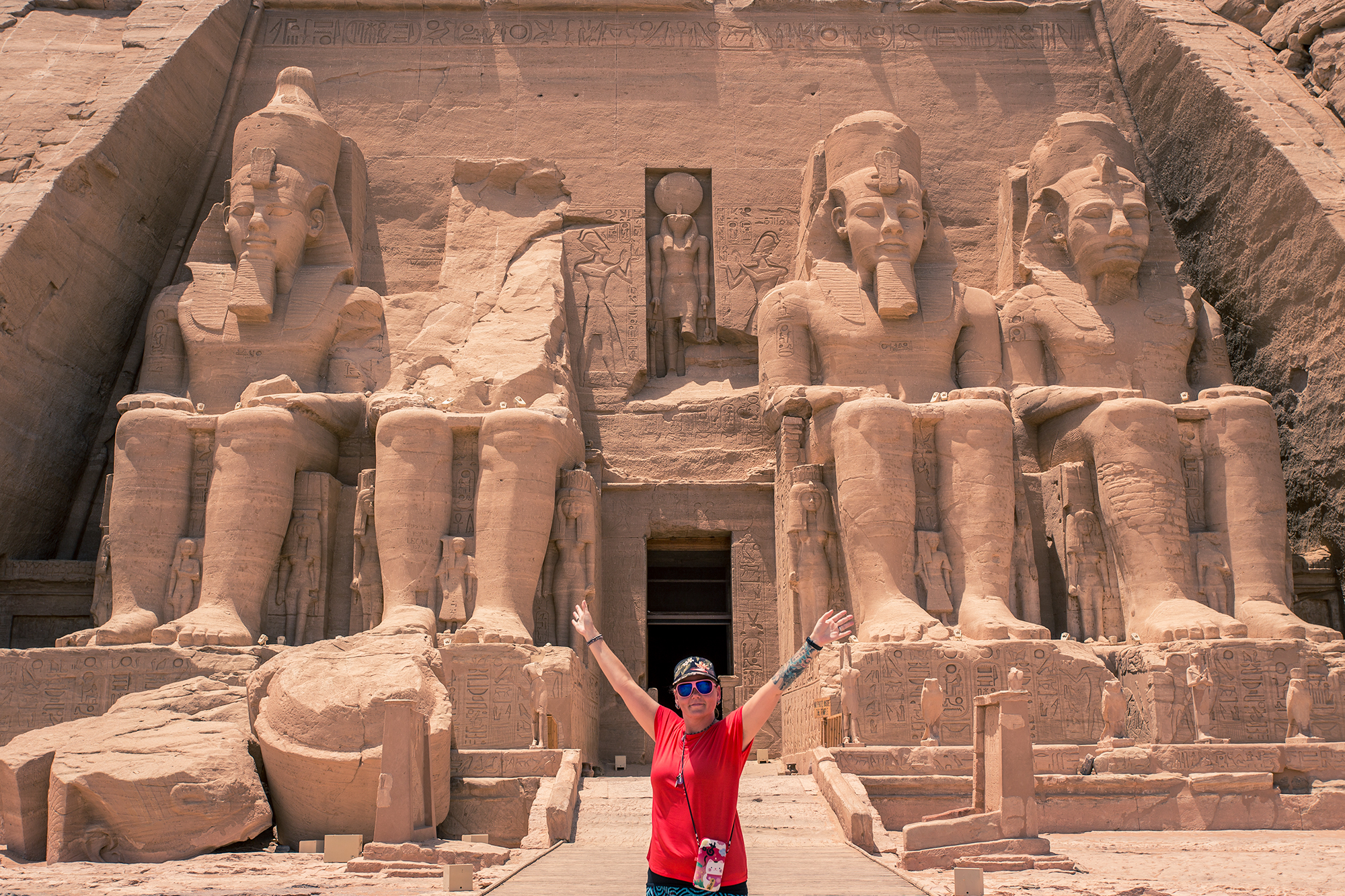 charnette woman standing in front of abu simbel