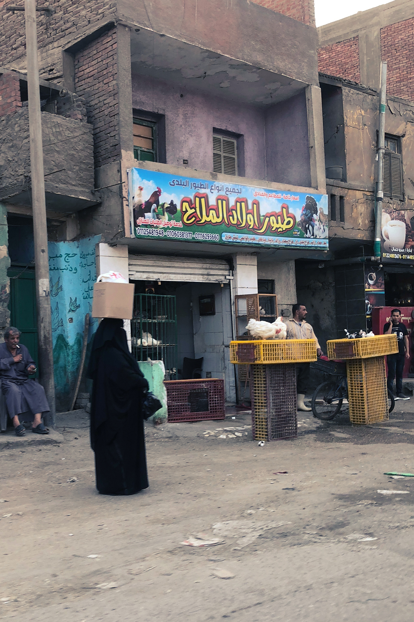 woman in cairo carrying box on her head