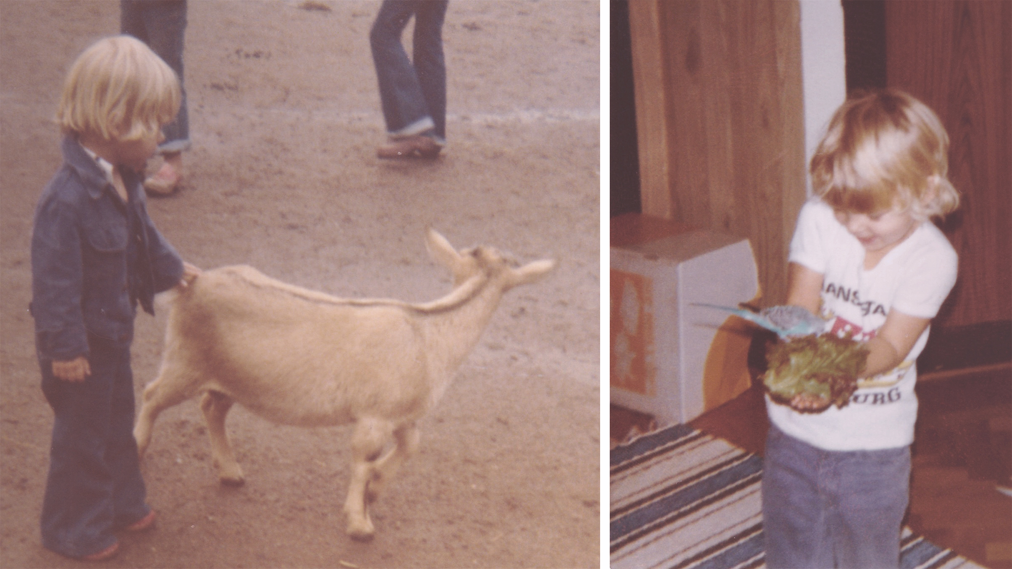child petting animals vegan