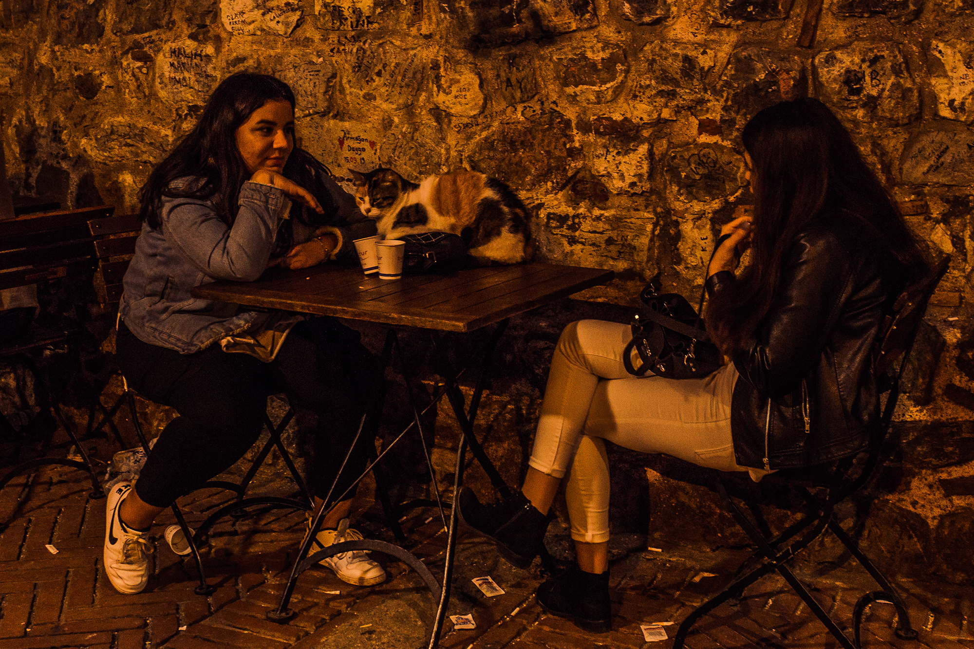 two girls chatting with cat on the table