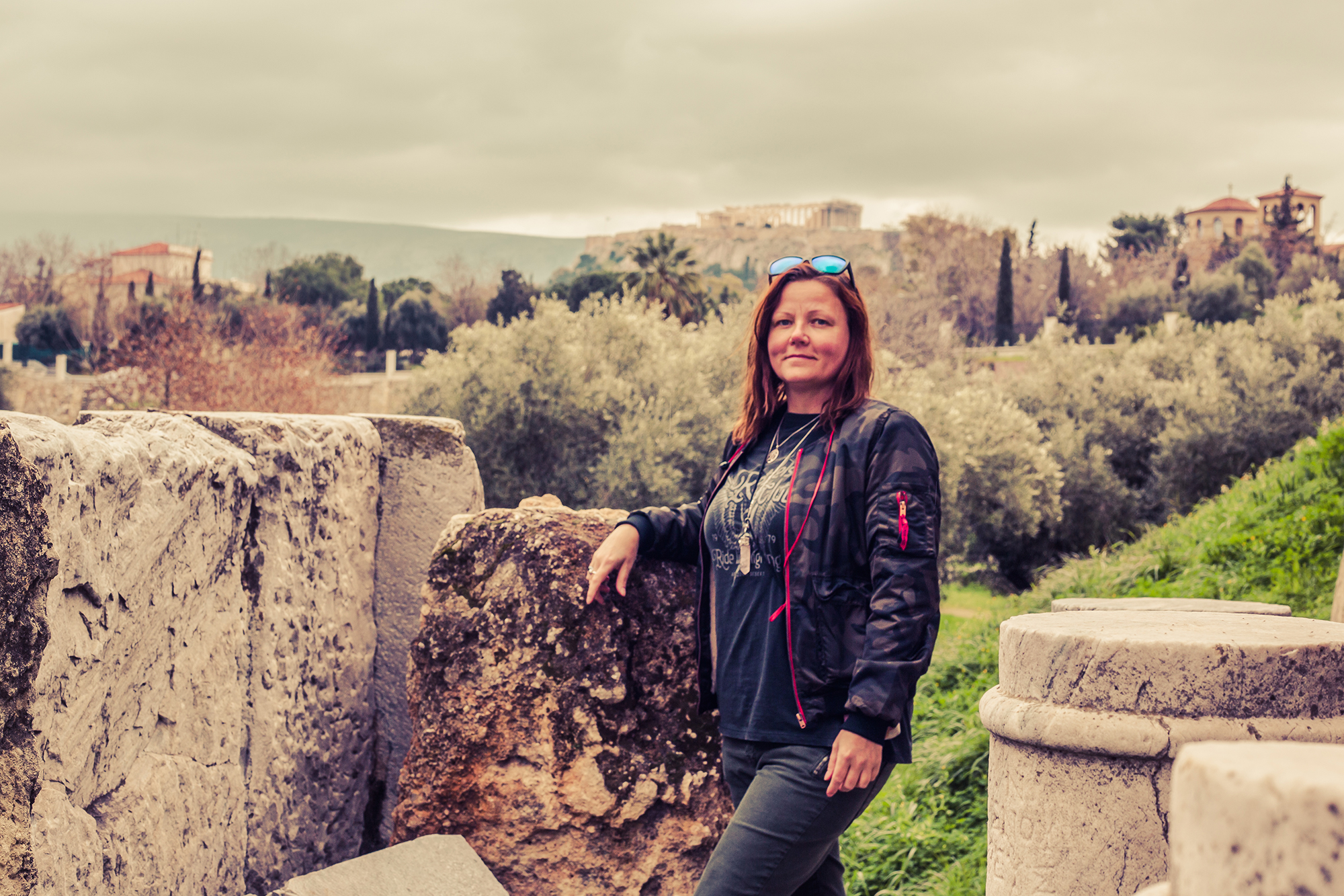 charnette woman posing with acropolis in the background